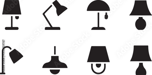 Set of eight simple black icons representing various styles of modern lighting fixtures.