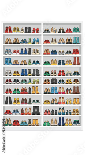 A large, multi-tiered white shoe rack is densely packed with numerous pairs of diverse footwear, including sneakers, boots, and dress shoes.