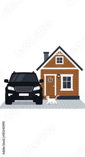 A black SUV is parked on a grey paved driveway next to a brown house with white trim, as a white cat walks by.