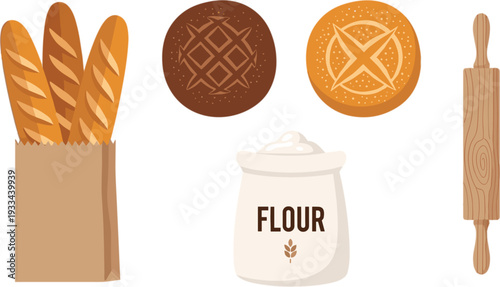 Fresh artisan bakery set featuring baguettes in a paper bag flour sack rolling pin and assorted sourdough bread loaves.