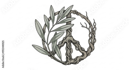 A grayscale peace sign made of intertwined olive branches and leaves on a white background symbolizing harmony and unity in a natural setting