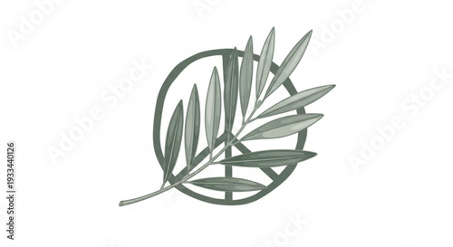 Olive branch wrapped in circle symbolizing peace harmony and nature with green leaves on white background