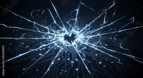 Glowing blue circuit board with shattered screen and electrical crackle effect on dark background