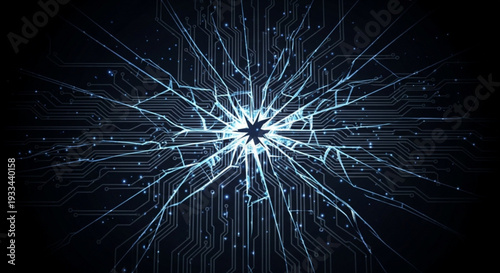Digital explosion effect with glowing blue cracks on dark circuit board background futuristic technology concept illustration