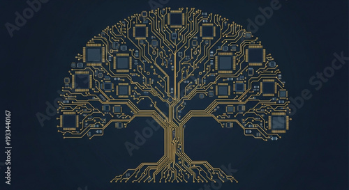 Futuristic tree with circuit board branches and roots on dark background symbolizing technology and innovation