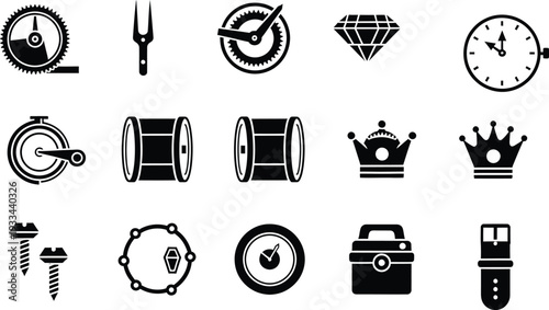 Collection of black and white icons representing watchmaking tools and components for repair