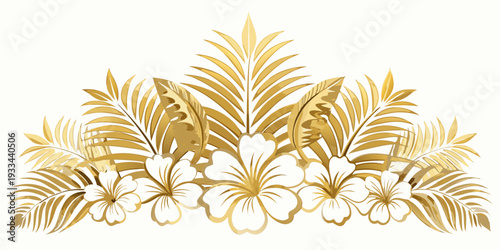 Elegant golden tropical palm leaves and white hibiscus flowers border, vector