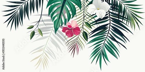 Tropical leaves and exotic flowers are featured in this, vector