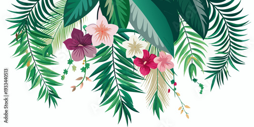 Vibrant tropical leaves and exotic flowers form a hanging border illustration, vector
