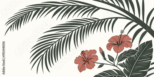 Tropical hibiscus flowers and palm leaves, vector