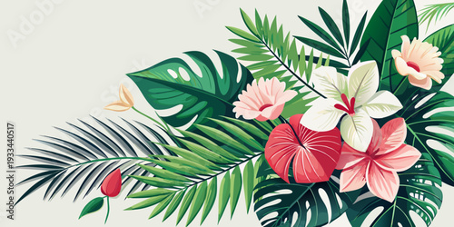 Vibrant tropical floral arrangement features exotic leaves and flowers, vector