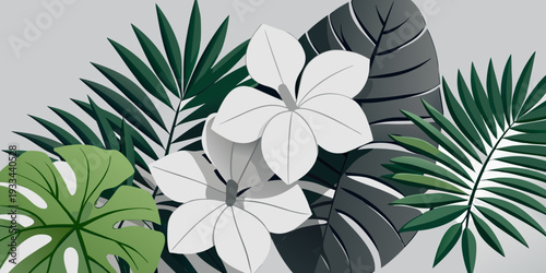 Tropical leaves and white flowers illustration, vector