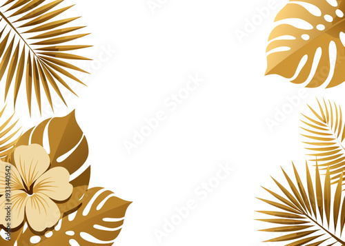 Elegant golden tropical foliage and hibiscus floral design, vector