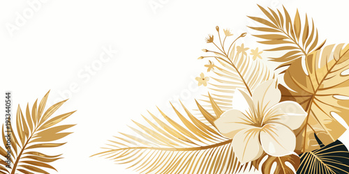 Elegant golden tropical leaves and flower illustration, vector
