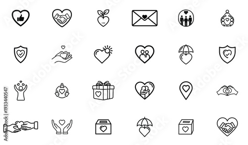 Love and Social Interaction Outline Icon Set – Heart, Chat, Gift, Support and Community Linear Vector Collection