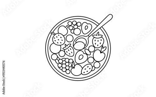 A top-down view of a bowl filled with various fruits and a spoon.