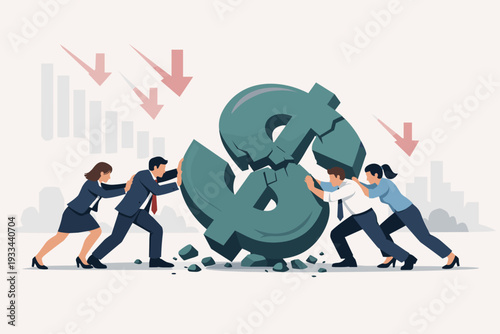Business team pushing a large broken dollar sign to stop economic decline, metaphor for financial crisis, inflation, market recession, and collaborative effort for recovery and stability.