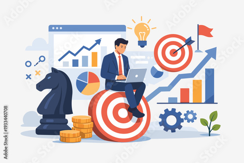 Business Strategy Planning for Company Growth and Success. Smart Businessman Sitting on Target with Laptop, Chess Knight, Charts, Coins, and Lightbulb. Concept of Goal Achievement and Management.