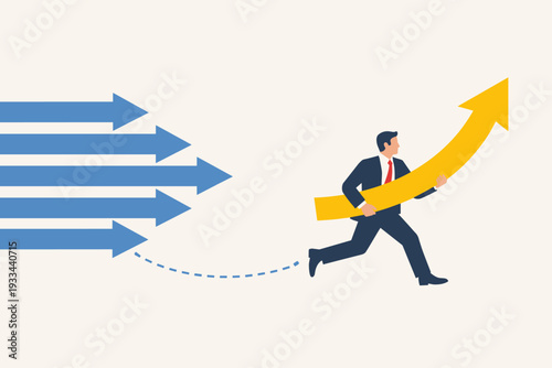 Businessman Holding a Rising Yellow Arrow and Going a Different Way from a Group of Blue Arrows, Symbolizing Leadership, Innovation, Financial Growth, Success, and Breaking Away from the Crowd.