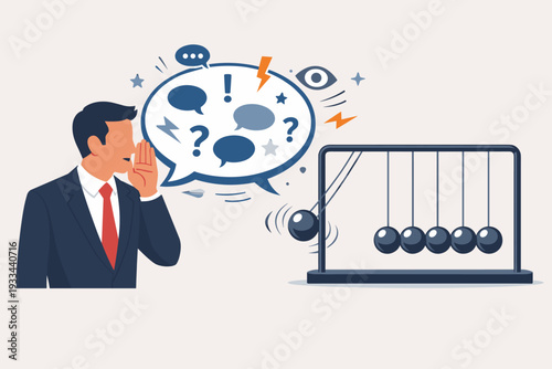 Professional businessman whispering into a large speech bubble filled with symbols next to a Newton's cradle, illustrating the powerful impact of communication, gossip, and cause and effect in