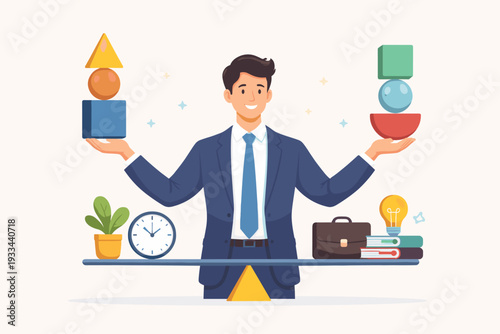 Professional Businessman in Suit Balancing Geometric Shapes and Work Icons like Clock, Briefcase, and Lightbulb on a Scale, Illustrating Work-Life Balance, Time Management, and Career Harmony.