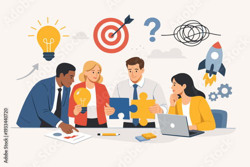 Diverse business team working together to solve problems and brainstorm innovative ideas. Concept of collaboration, strategy, and success with puzzle pieces, light bulbs, target, and rocket icons.