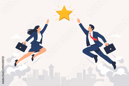 Business competition and success concept with businessman and businesswoman flying high to reach a gold star. Ambitious career growth, leadership, motivation, and achievement in corporate world.