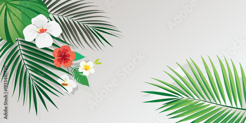 Tropical leaves and flowers illustration, vector