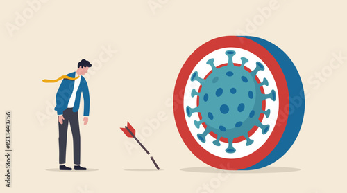 Businessman Feeling Defeated After Missing Target with Coronavirus Cell, Representing Business Failure, Lost Goals, Economic Crisis, and Financial Impact During the Global COVID-19 Pandemic.