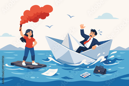 Businessman in Suit Sinking on a Paper Boat in the Ocean Sending SOS Signal for Help While Woman Holds a Red Flare, Concept of Business Disaster, Financial Crisis, Bankruptcy, and Risk.