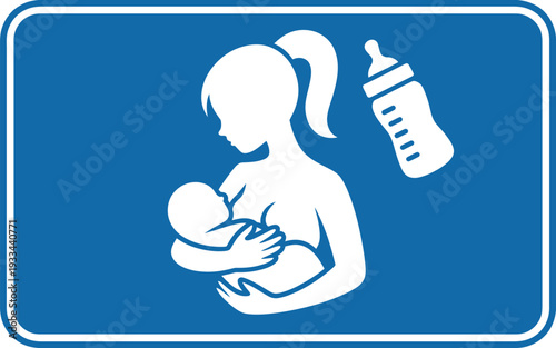 A blue sign with a white silhouette of a mother breastfeeding her baby and a baby bottle.