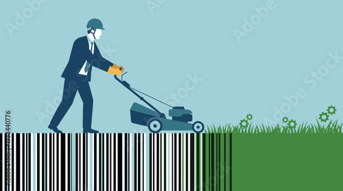 Conceptual Illustration of a Businessman Mowing a Green Lawn into a Barcode, Representing Rebranding, Marketing Strategy, Business Transformation, and Creating a New Corporate Brand Identity
