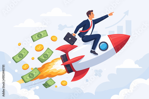 Successful businessman in a suit riding a fast flying rocket ship towards career growth, financial profit, and high earnings concept, with cash money bills and gold coins trailing behind him.