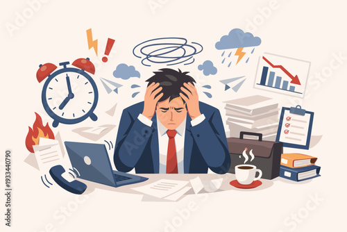 Stressed Businessman Overwhelmed by Work Pressure and Burnout Illustration. Professional Under Mental Health Crisis with Heavy Workload, Deadlines, Paperwork, and Office Chaos Concept Art.