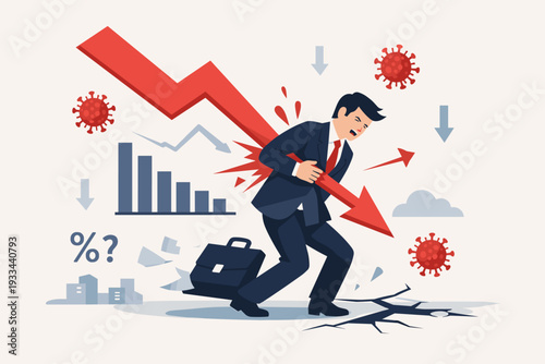 Businessman Stabbed by a Large Red Falling Arrow Representing Economic Crash and Financial Crisis Due to Coronavirus Pandemic, Stock Market Recession and Business Failure Concept Illustration