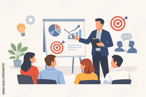 Professional Business Coaching and Corporate Training Concept with a Mentor Presenting Marketing Strategy, Data Analysis, and Growth Goals to a Diverse Team of Employees in a Seminar Room.
