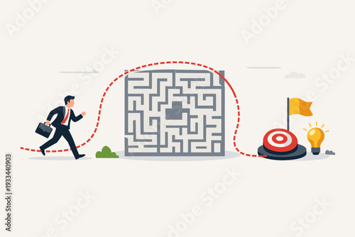 Businessman running along a dashed red path going around a complex maze to reach a target with a flag and lightbulb, representing creative problem solving, business strategy, and efficiency.