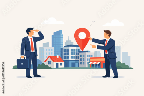 Two Businessmen in Suits Looking for a New Office Building or Real Estate Investment Opportunity in a Modern City Skyline with a Large Red Map Pin Icon for Location Selection and Navigation.