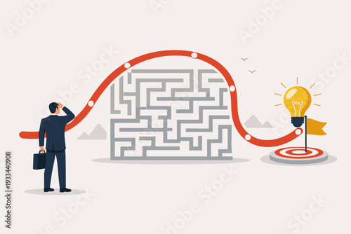 Businessman Finding a Shortcut Around a Complex Maze to Reach a Goal with a Lightbulb Idea and Target. Concept of Creative Problem Solving, Innovation, Strategic Thinking, and Efficiency.