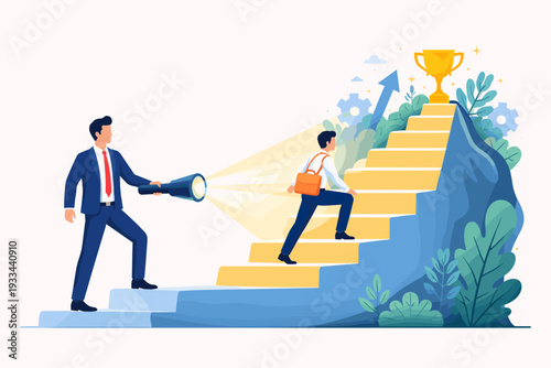 Business Manager Using Flashlight to Guide Employee Up Stairs Towards Success Trophy. Mentorship and Career Growth Concept Illustration for Leadership, Support, and Professional Development.