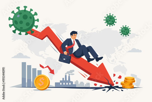 Global Economic Impact of Coronavirus Pandemic Vector Illustration Featuring a Businessman Sliding Down a Crashing Red Arrow Representing Financial Crisis, Market Recession, and Business Loss.