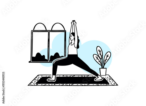 Woman practicing Warrior yoga pose in a minimalist home interior, flat vector illustration.