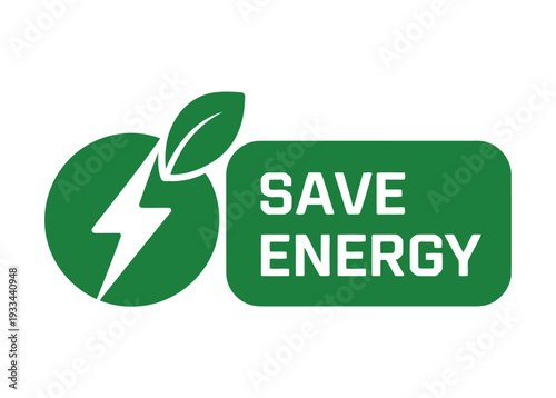 A green logo promoting energy saving and sustainability with a leaf and lightning bolt