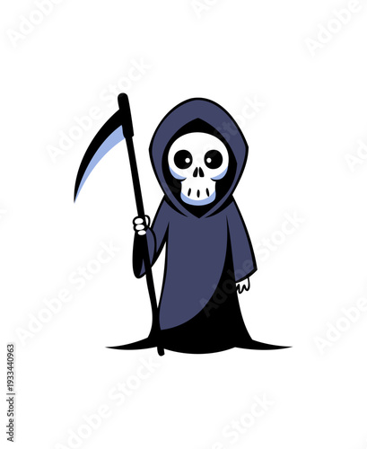 Cute Grim Reaper Cartoon Vector Illustration – Spooky Halloween Skeleton with Scythe