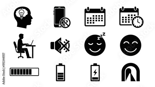 Modern vector icon set for digital interfaces, illustrating key concepts like brainstorming, mobile status, calendar management, productivity, user emotions, and power indicators