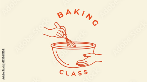 Minimalist line art illustration portraying hands using a whisk in a mixing bowl, symbolizing a baking or cooking class and the joy of culinary education