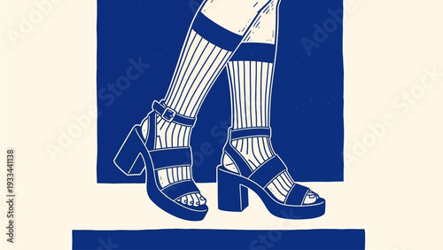 Contemporary illustration capturing a person's lower legs in fashionable striped socks and stylish chunky platform sandals, showcasing modern footwear trends and personal expression
