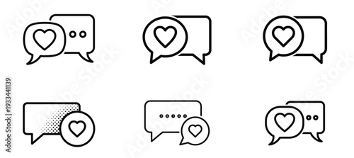 Social Media Chat and Like Outline Icon Set – Message Bubble, Heart Reaction and Online Comment Linear Vector Collection