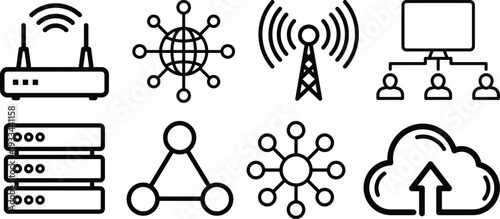 Wireless Communication and Router Outline Icon Set – WiFi Signal, Antenna, Server and Network Technology Linear Vector Collection