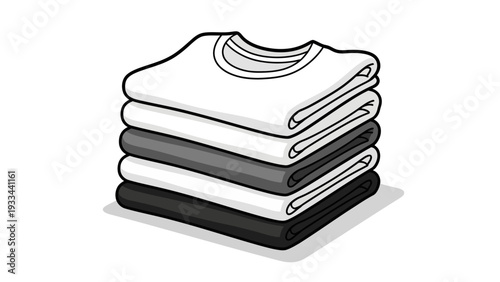Neatly organized stack of freshly laundered and folded t-shirts, depicting clean apparel ready for storage or use, presented in a simple black and white line art illustration